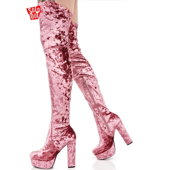 pink velvet thigh high boots